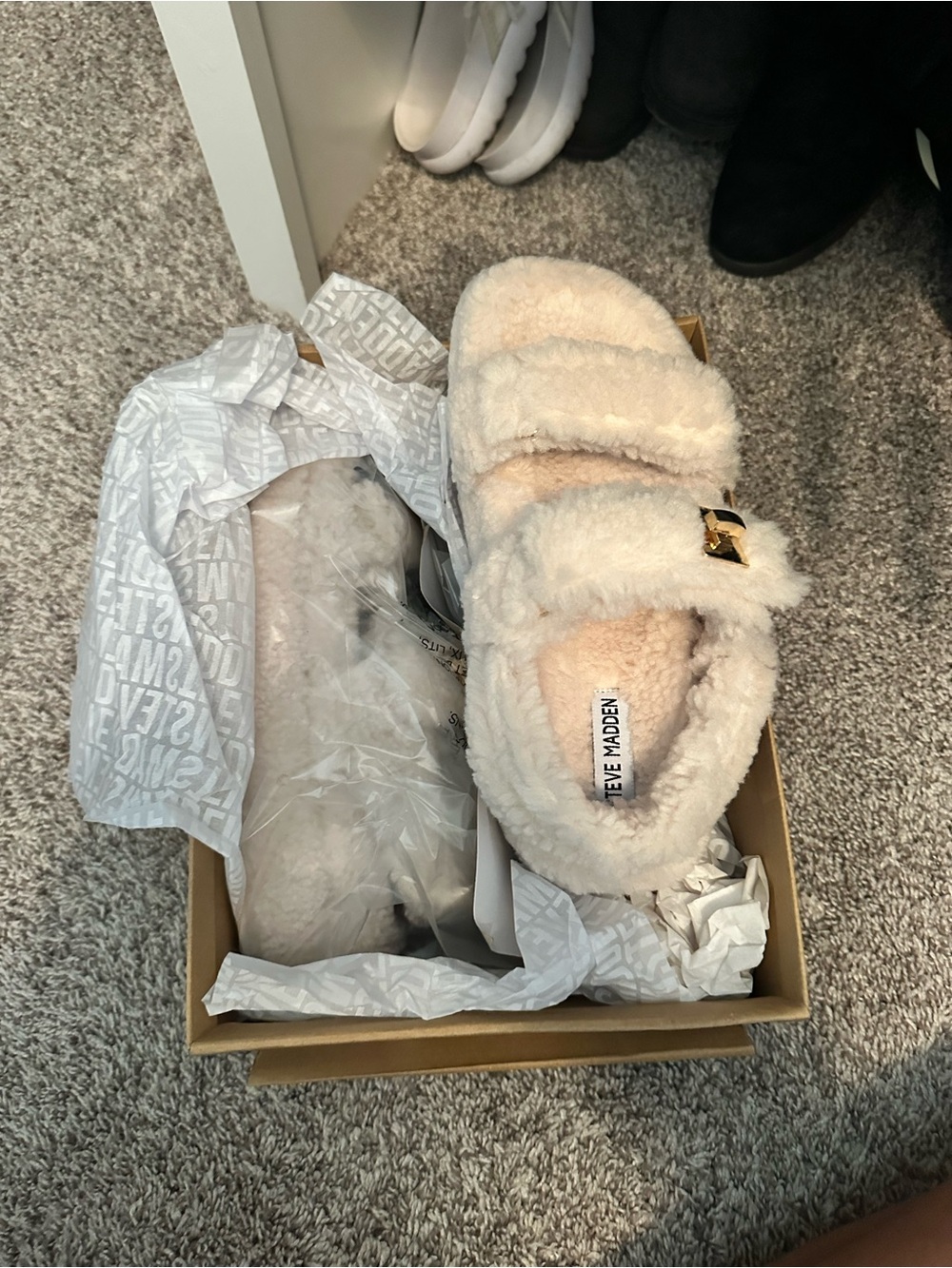 Steve Madden Cream Fuzzy Double-Strap Slides with Gold Buckle